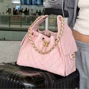 Light Pink Quilted Satchel with Gold Chain